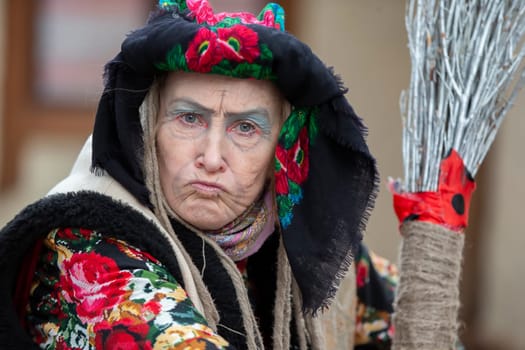 Baba Yaga. Fairy tale character evil grandmother from Russian fairy tale. Halloween costume.