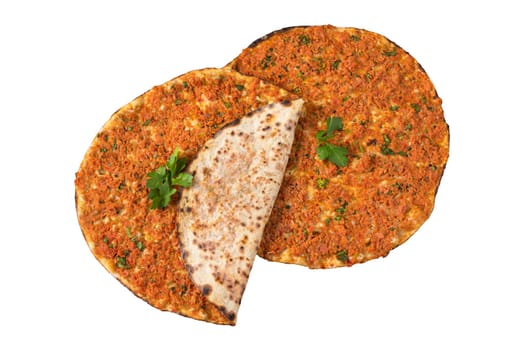 Top view of Turkish Pizza Lahmacun on white background