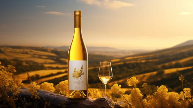 Harvest Celebration: A Rustic, Romantic Landscape with Vineyard Grapes, Wine Bottles, and Glasses