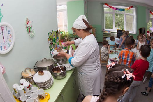 Belarus, Gomel, May 29, 2018. The kindergarten is central. Open Day.Lunch in the kindergarten. Food Time
