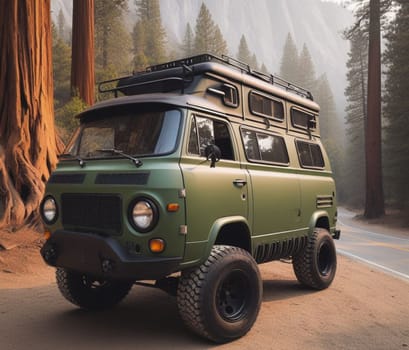 green matte 4x4 lifter vintage van conversion , nomadic lifestyle , offroad wheels, 3d render art ai generated