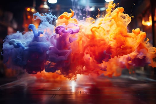 Colorful ink cloud over wooden floor.