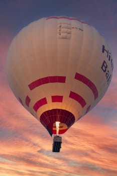 Landscape of Pamukkale park and a lot of hot air balloons in the morning sky . Turkey-october 2023. High quality photo