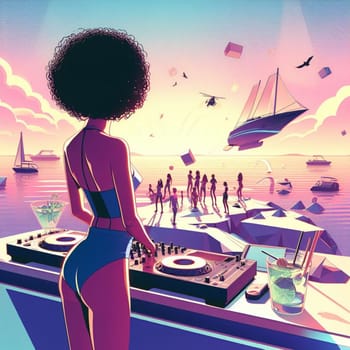 woman dj , wearing glasses earphone hosting dj set at crowded beach party in tropical island sunset ai generative art