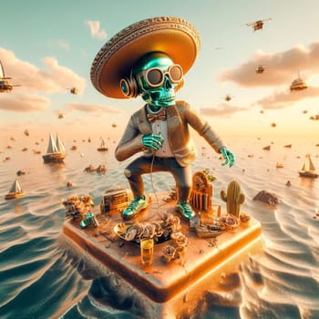 steampunk skater fashionable cool metallic deejay alien mariachi hosting party in tropical island generative ai art