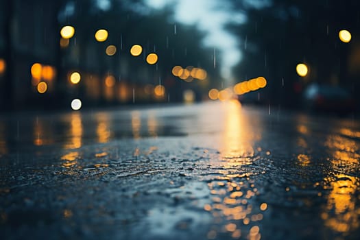 Photo of wet asphalt against the background of street bokeh from ground level.