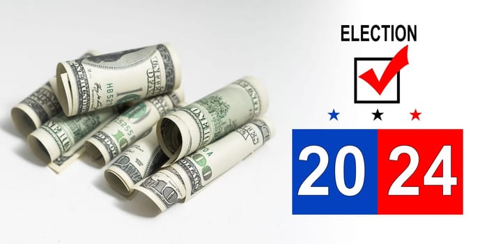 American vote concept. Ballot for presidents election 2024 and many dollar banknotes. High quality photo