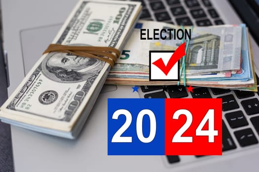 American vote concept. Ballot for presidents election 2024 and many dollar banknotes. High quality photo