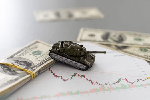 toy tank on the background of dollar bills. High quality photo