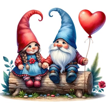 Valentines gnome, love Nordic gnome, Scandinavian gnomes, Watercolor cute valentines day postcard. Vellichor.