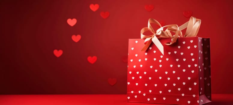 Red shopping bag with hearts on red background. Valentine's Day sale banner.