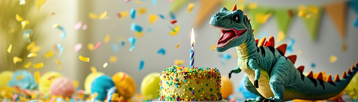Playful kids birthday scene featuring toy dinosaur blowing out candle on colorful sprinkled cake surrounded by confetti and balloons, ideal for children's party invitations. Copy space. Generative AI