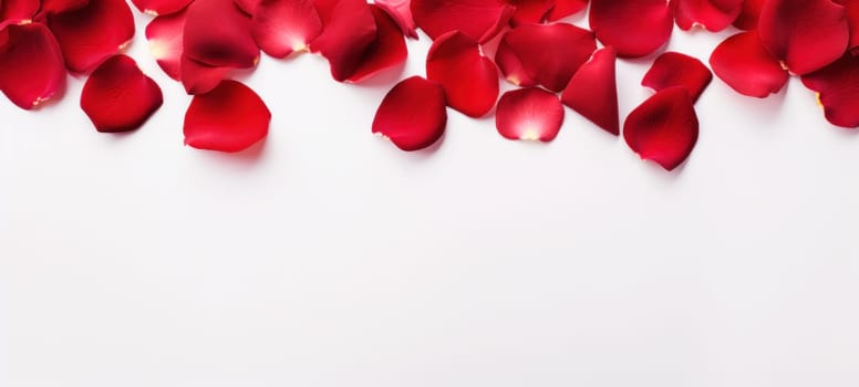 Romantic red rose petals on white background. Flat lay, top view, copy space.