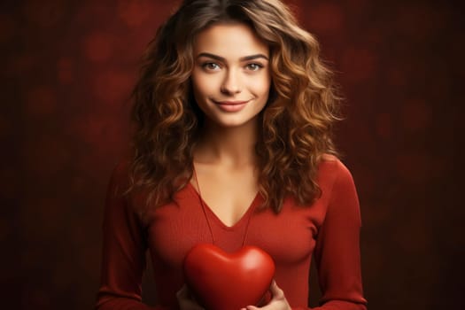 A beautiful woman with a heart-shaped red toy against a red backdrop, ideal for an advertising poster, banner, or heartfelt greeting card