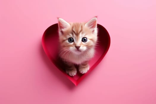 A cute and attractive kitten surrounded by a red heart on a pink background evokes the sweetness of Valentine's Day, perfect for banners or heartfelt greeting cards