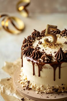 Celebration cake with a glittering golden '5', perfect for a 5th birthday or anniversary, featuring chocolate swirls, dripping ganache, and gold sprinkles against a beige backdrop. Generative AI