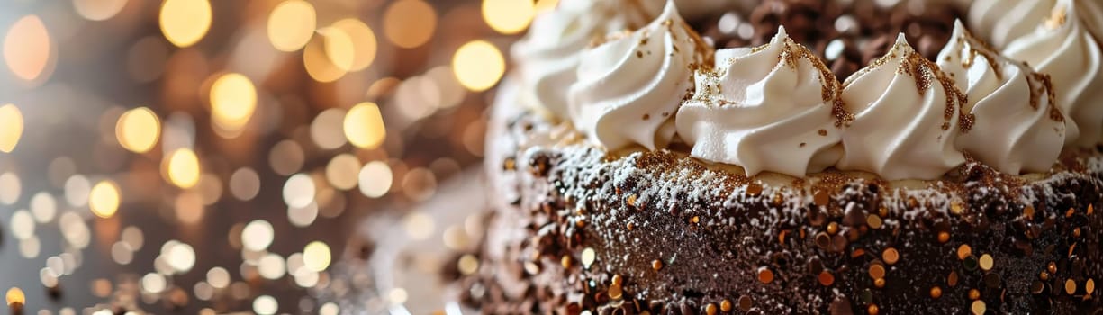Chocolate cake with golden sparkles and festive confetti, against warm bokeh lights background and ample copy space for text, perfect for celebratory occasions or culinary promotions. Generative AI