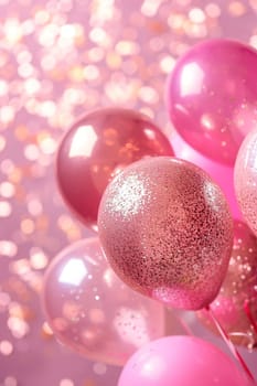 Elegant pink balloons with glitter accents against a bokeh backdrop, ideal for feminine birthdays, bridal showers, or celebratory event invitations with a touch of sparkle. Generative AI
