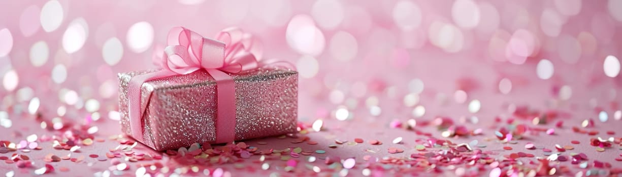 A sparkling pink gift with a satin ribbon and confetti on a dreamy bokeh background, perfect for Valentine's Day, Mother's Day, or feminine birthday themes with space for text. Banner. Generative AI