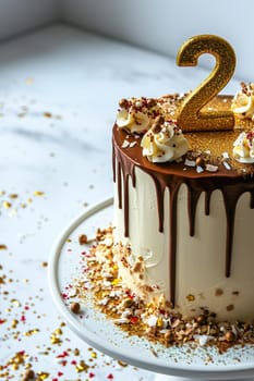 Celebration cake with a glittering golden '2', perfect for a 2th birthday or anniversary. Shiny number two. Special event. Copy space for text. Generative AI