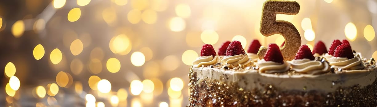 Celebration cake with a glittering golden '5', perfect for a 5th birthday or anniversary. Shiny number five, bokeh lights. Special event. Panoramic banner with copy space for text. Generative AI