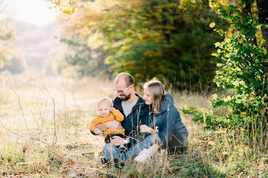 Smiling dad and mom sit on the grass in the park with their little son in their arms and look at him. High quality photo