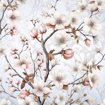 Spring Blossom: A Delicate Floral Symphony in Pink on a White Cherry Tree Branch, Creating a Seamless Watercolor Wallpaper of Romantic Japanese Elegance