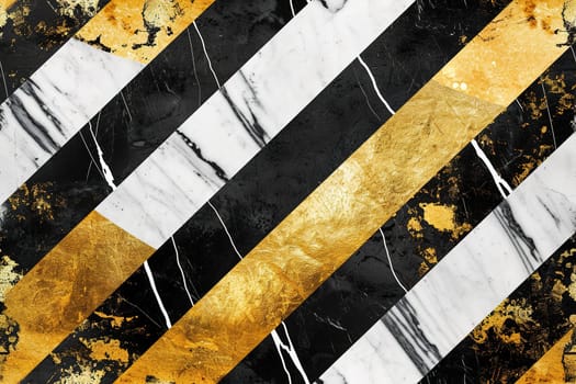 Elegant composition of diagonal black and white marble with golden leaf stripes, perfect for creating sophisticated art prints, luxury product backgrounds, or high-end graphic visuals. Generative AI
