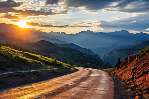 Winding country road at sunset in the highlands.