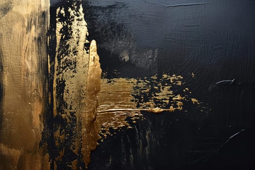 Textured golden strokes on black backdrop, an evocative image for sophisticated art installations, exclusive product packaging, or impactful design with a luxurious edge. Abstract art. Generative AI