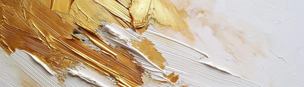 A sweeping golden brushstroke dominates the canvas, its rich metallic sheen contrasting dramatically with the textured white background, embodying boldness of modern abstract art. Generative AI