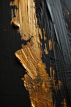 Textured golden strokes on black backdrop, an evocative image for sophisticated art installations, exclusive product packaging, or impactful design with a luxurious edge. Abstract art. Generative AI