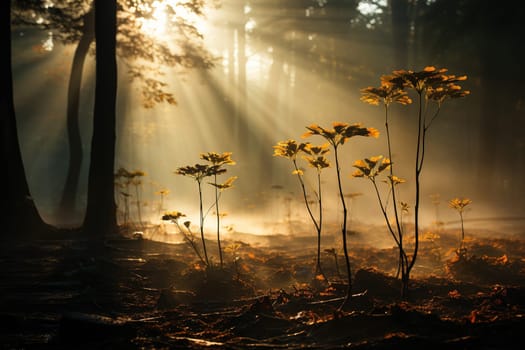 Bright sun rays in a foggy morning forest.