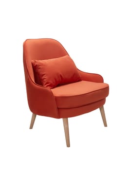 modern red fabric armchair with wooden legs isolated on white background, side view.