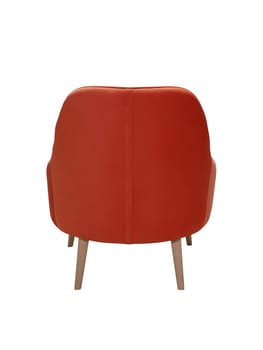 modern red fabric armchair with wooden legs isolated on white background, back view.