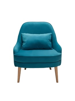 modern blue fabric armchair with wooden legs isolated on white background, front view.