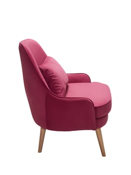 modern crimson fabric armchair with wooden legs isolated on white background, side view.