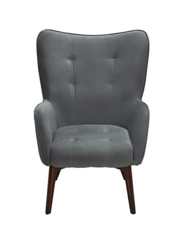 modern grey fabric armchair with wooden legs isolated on white background, front view.