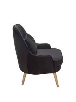 modern black fabric armchair with wooden legs isolated on white background, side view.