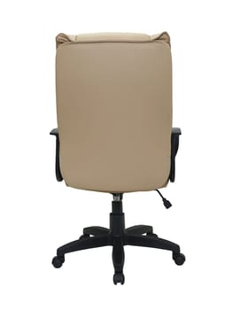 beige office armchair on wheels isolated on white background, back view. furniture in minimal style