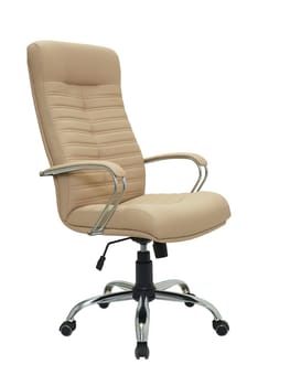 beige office armchair on wheels isolated on white background, side view. furniture in minimal style