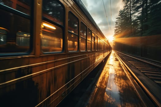 Close-up photo of a train in motion at sunset and dawn.