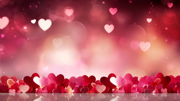 Beautiful pink background with hearts and bokeh light. Valentine's day, newlyweds, engagement, holiday, birthday, wedding, anniversary, surprise date