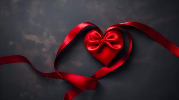red ribbon in the shape of a heart on a dark background. Valentine's day, newlyweds, engagement, holiday, birthday, wedding, anniversary, surprise, date.