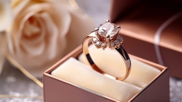 Jewelry, gold, chic diamond ring in a gift box for Valentine's Day, engagement, birthday, holiday, bought in a store