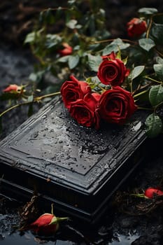 Religious tradition to put one flower in memory, of the grave in the cemetery, tragedy and sorrow for the loss of a loved one. Red rose was left on gravestone in the graveyard. High quality photo