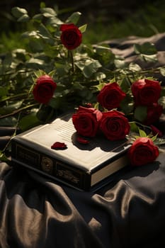 Religious tradition to put one flower in memory, of the grave in the cemetery, tragedy and sorrow for the loss of a loved one. Red rose was left on gravestone in the graveyard. High quality photo