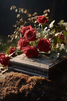 Religious tradition to put one flower in memory, of the grave in the cemetery, tragedy and sorrow for the loss of a loved one. Red rose was left on gravestone in the graveyard. High quality photo