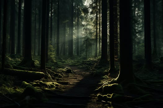 The forest is covered with moss and bathed in warm sunbeams. High quality photo