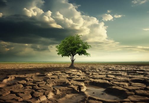 Global warming concept. Lonely dead tree under dramatic evening sunset sky at drought cracked desert landscape. High quality photo